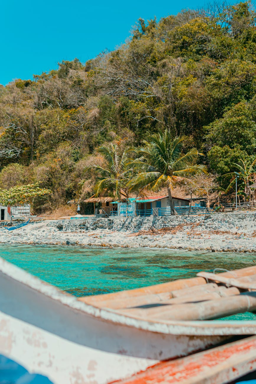 Coastal scene on Bajuni Islands with a traditional boat in the foreground and a small settlement amidst lush greenery in the background, reflecting the natural beauty and Bajuni way of life.