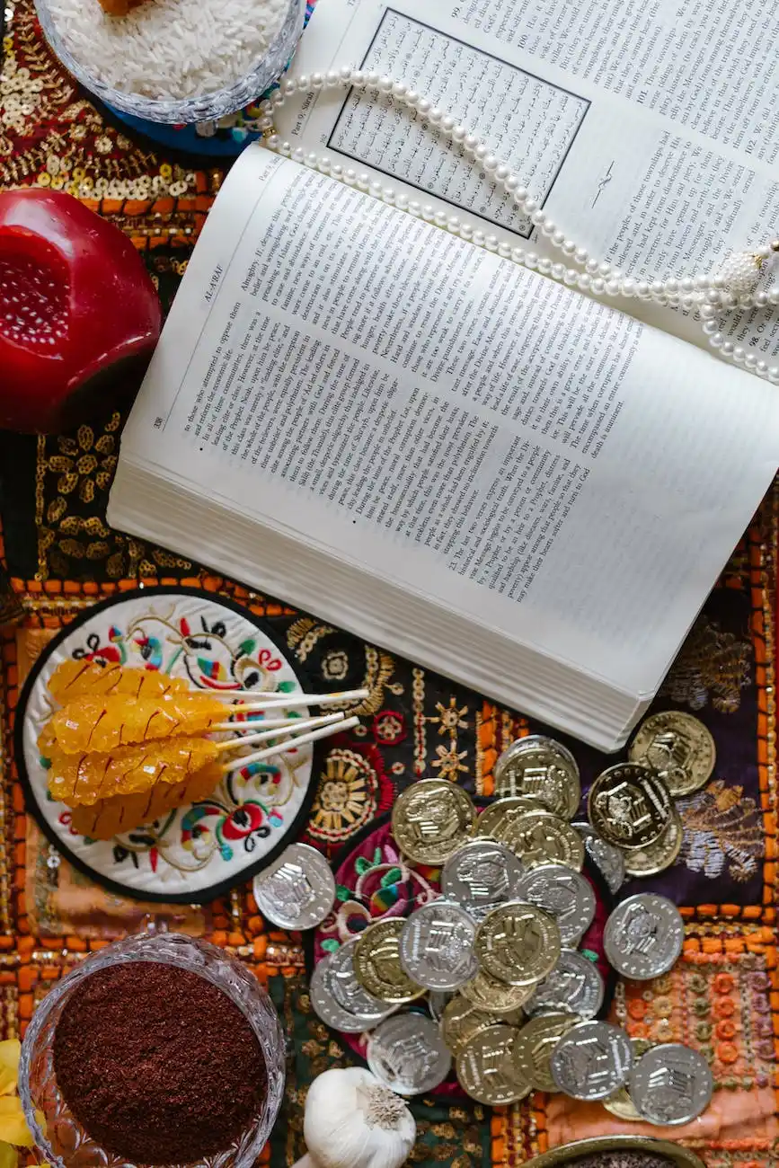 An open book in English with traditional Uzbek items including a pomegranate, honeycomb, spices, garlic, and coins, depicting the rich cultural heritage that English-Uzbek translation services strive to preserve.
