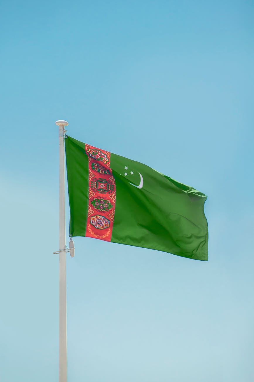 A green flag with a vertical red stripe near the hoist side, featuring five traditional carpet designs, a white crescent moon, and five white stars arranged above two crossed olive branches, against a clear blue sky.